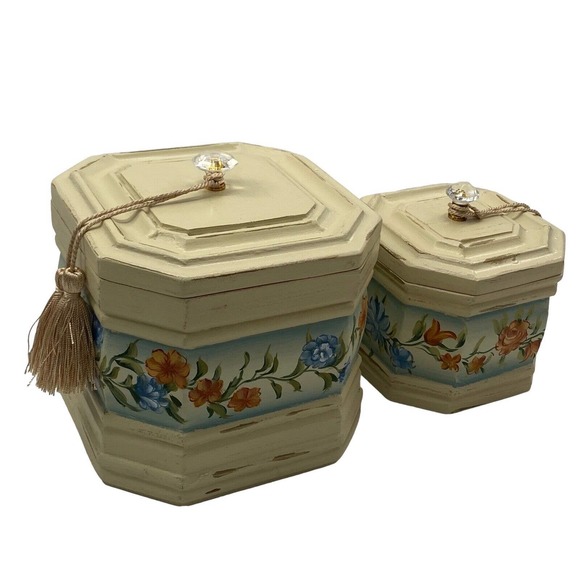 Vintage Hexagon Nesting Wood Jewelry Urn Boxes Floral Shabby Chic Crystal Handle - Picture 8 of 12